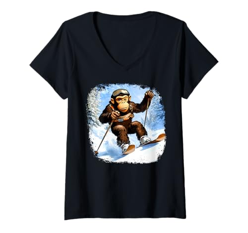 Damen Affen Ski/Skifahrer AFFE T-Shirt mit V-Ausschnitt Damen Affen Ski/Skifahrer AFFE T-Shirt mit V-Ausschnitt von Skiing Animals