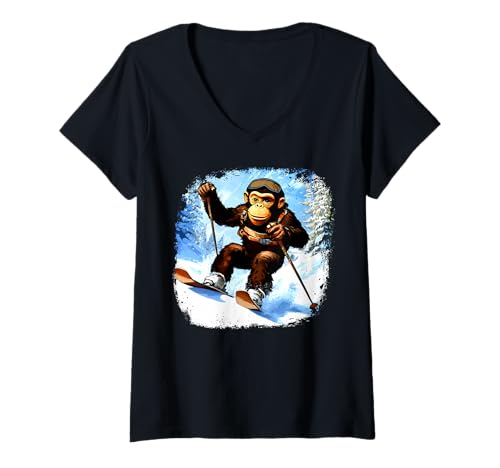Damen Affen Ski T-Shirt mit V-Ausschnitt Damen Affen Ski T-Shirt mit V-Ausschnitt von Skiing Animals