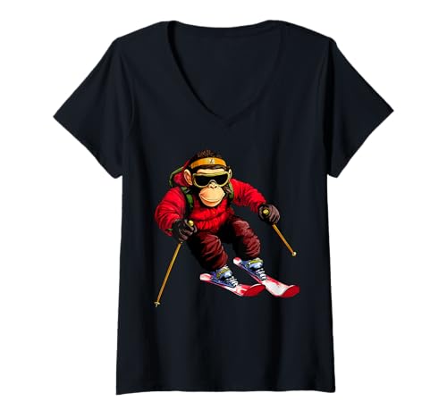 Damen Ski AFFE T-Shirt mit V-Ausschnitt Damen Ski AFFE T-Shirt mit V-Ausschnitt von Skiing Animals