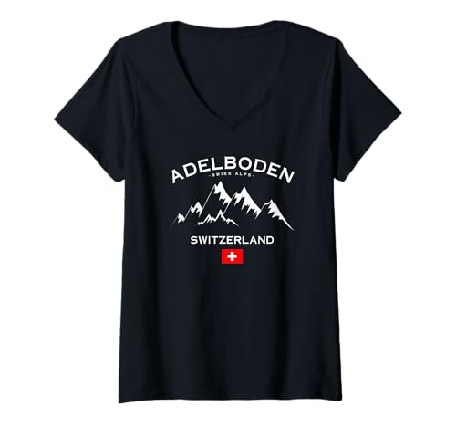 Damen Adelboden Schweiz Alpen Ski Alpen Skigebiet Flagge T-Shirt mit V-Ausschnitt Damen Adelboden Schweiz Alpen Ski Alpen Skigebiet Flagge T-Shirt mit V-Ausschnitt von Skiing Swiss Mountains Souvenir Shop