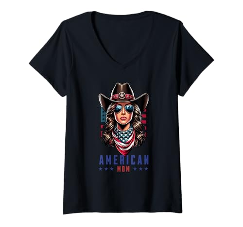 Damen Amerikanische Mutter Cowgirl T-Shirt mit V-Ausschnitt von Skillful Cowboy