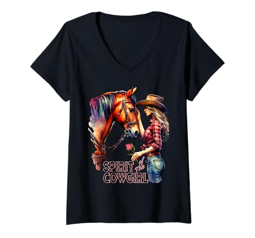 Damen Der Geist des Cowgirls T-Shirt mit V-Ausschnitt Damen Der Geist des Cowgirls T-Shirt mit V-Ausschnitt von Skillful Cowboy