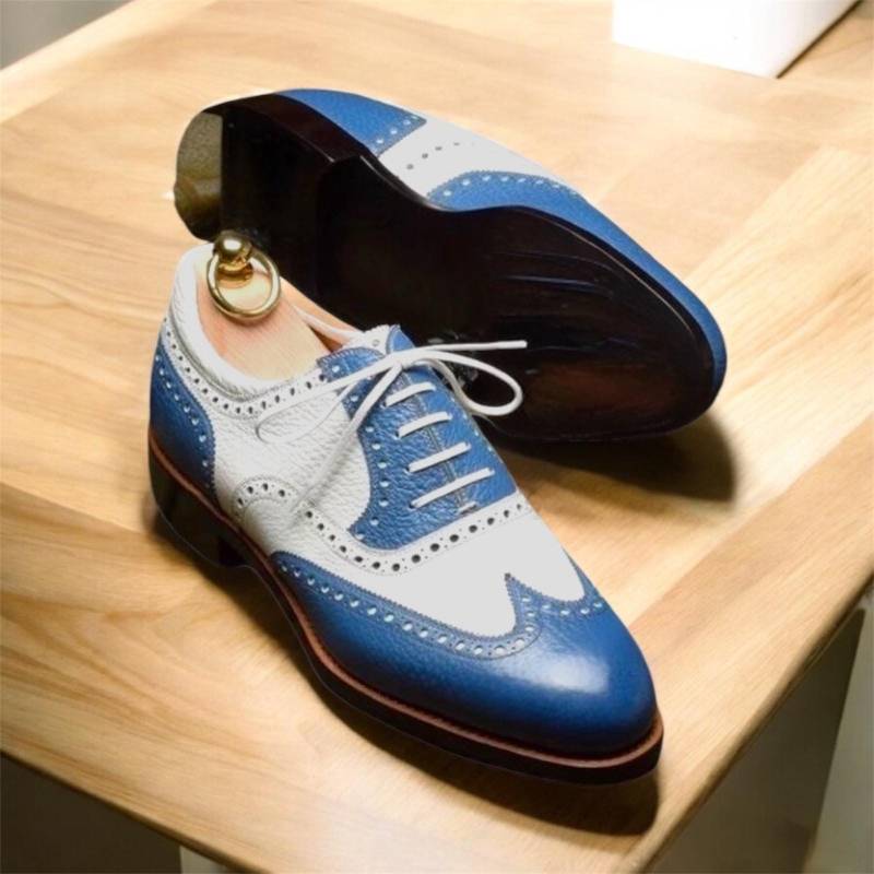Handgemachte Leder Oxford Schuh Herren Schnürer Blau & Weiß von SkinCraftClub