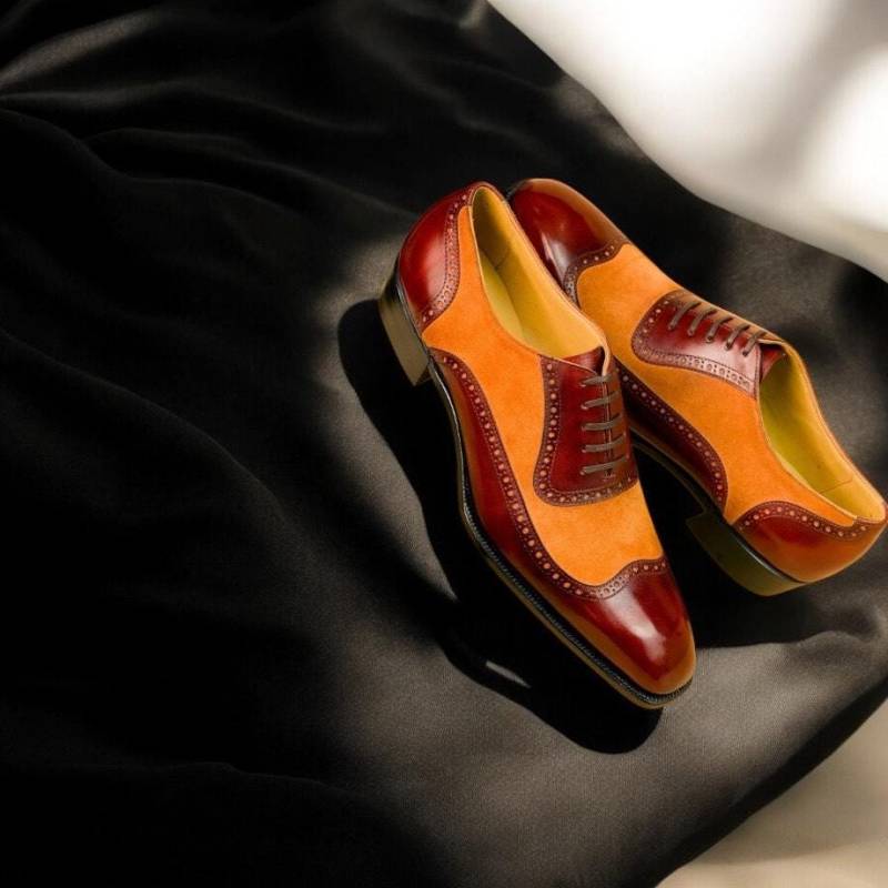 Handgemachte Leder Oxford Schuh Rot & Orange Samt Schnürung von SkinCraftClub