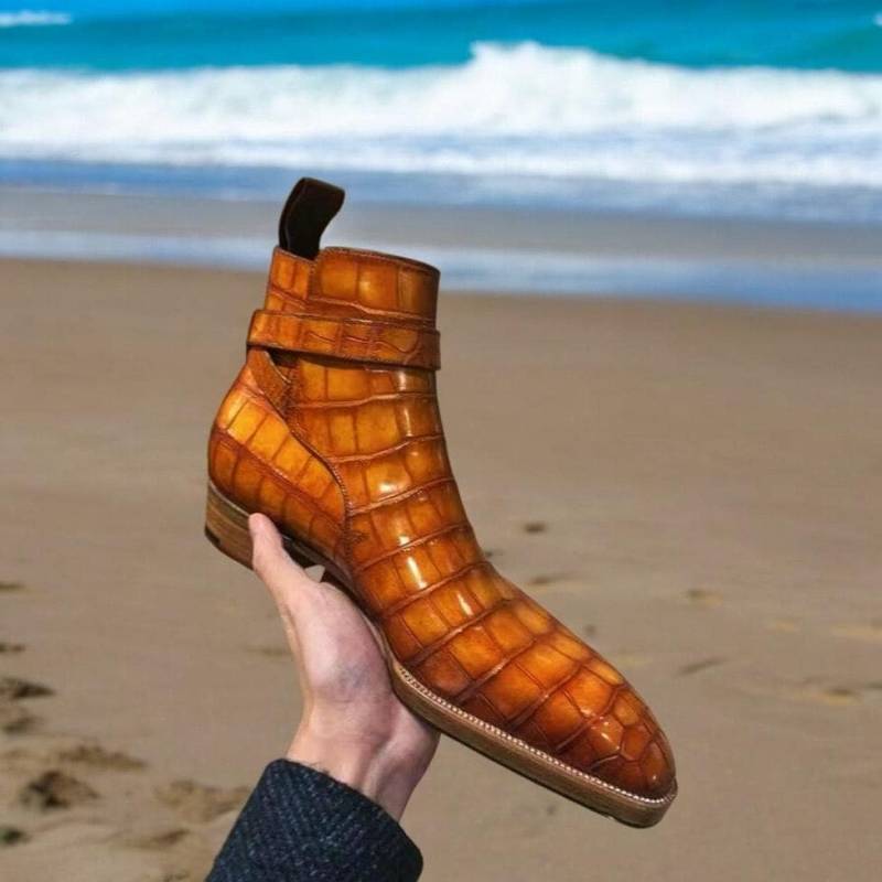 Handgefertigte Schnürstiefel Aus Leder Mit Braunem Krokodilmuster, Maßgeschneiderte Style von SkinCraftStoreArt