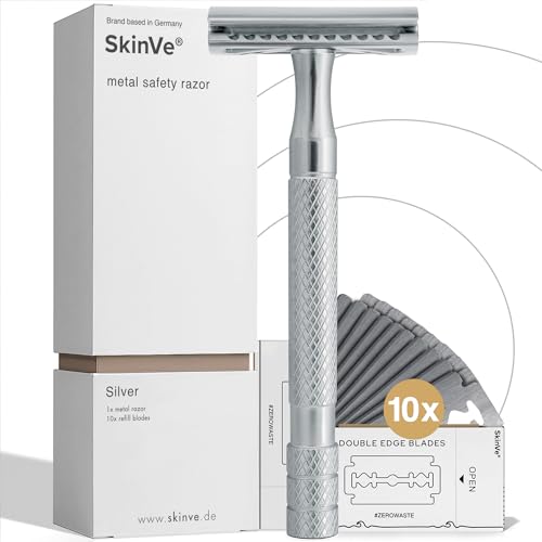 SkinVe® Premium Rasierhobel Silver Edition aus Metall inkl. 10 Rasierklingen I Zero Waste Nassrasierer für Damen und Herren I Sicherheitsrasierer mit 2-seitigem Klingenkopf I Plastikfrei von SkinVe