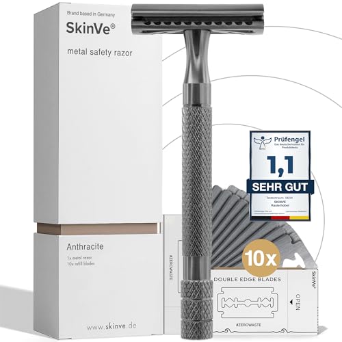 SkinVe® Premium Rasierhobel Anthracite Edition inkl. 10 Rasierklingen I Zero Waste Nassrasierer für Damen und Herren I Sicherheitsrasierer mit 2-seitigem Klingenkopf I Plastikfrei von SkinVe