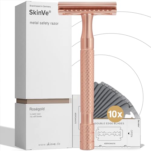 SkinVe® Premium Rasierhobel Rosegold Edition für Damen inkl. 10 Rasierklingen I Zero Waste Nassrasierer I Sicherheitsrasierer aus Metall mit Doppelklinge I Plastikfrei von SkinVe