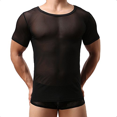 Sking Herren Sexy Transparent T Shirt Glatt Gaze Slim Fit Tops Unterwäsche Reizwäsche - Weiß/Schwarz M LXL (M, Schwarz) von Sking
