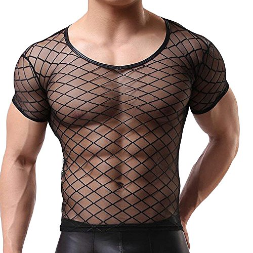 Sking Sexy Männer Schiere Kurzarm T-Shirt Mit Engen Muskel Fit Unterhemd Netz, Schwarz, XL von Sking