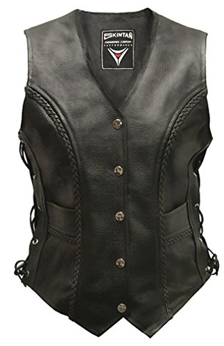 Skintan Damen echtes Lederweste Weste Kutte Leder Biker Rocker Motorrad Clubweste Bikerweste Motorradweste Gilet Schwarz 18 XXL 46 Extra Large von Skintan