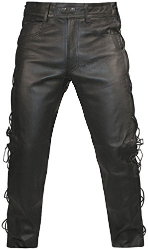 Skintan Herren Motorradhose Biker Lederjeans Lederhose mit Seitliche Schnürung Schwarz - W40 L34 Größe XXXL von Skintan