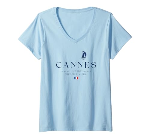 Damen Cannes French Riviera Yacht Club Cote D'Azur Sailing France T-Shirt mit V-Ausschnitt Damen Cannes French Riviera Yacht Club Cote D'Azur Sailing France T-Shirt mit V-Ausschnitt von Skipper Cannes Souvenirs Mediterranean Sailer