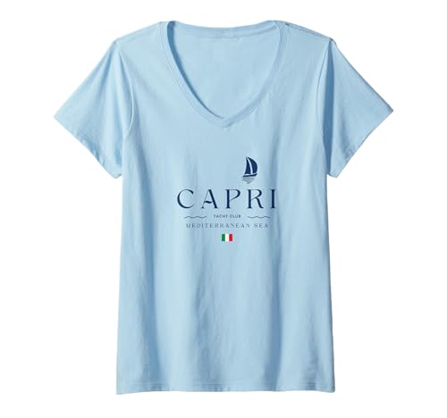 Damen Capri Yacht Club Italien Flagge Segeln Amalfi Mittelmeer T-Shirt mit V-Ausschnitt von Skipper Capri Souvenirs Mediterranean Sailor