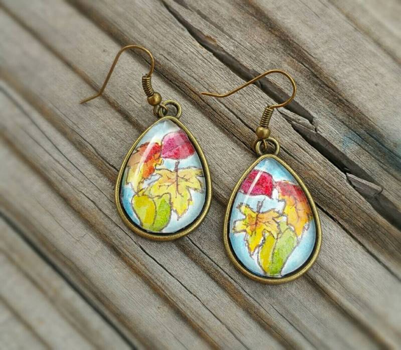 Blatt Ohrringe. Herbst Blätter Ohrringe, Von Hand Bemalt, Herbstfarben, Aquarell, Unter Glas Gesetzt. Tragbare Kunst Schmuck, Ooak Blatt Ohrringe. Herbst Blätter Ohrringe, Von Hand Bemalt, Herbstfarben, Aquarell, Unter Glas Gesetzt. Tragbare Kunst Schmuck, Ooak von SkipperBay