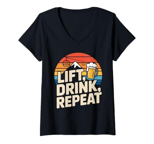 Damen Lift Drink Repeat Skifahren Bier Berge T-Shirt mit V-Ausschnitt Damen Lift Drink Repeat Skifahren Bier Berge T-Shirt mit V-Ausschnitt von Skiurlaub Bierfreunde Outdoor Abenteuer