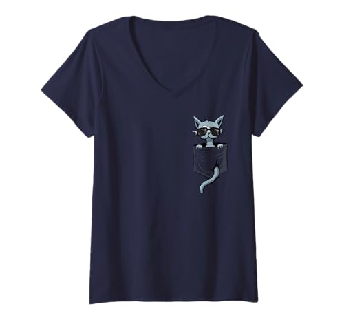 Damen Coole Kitty mit Sonnenbrille l Hipster Katze in Tasche T-Shirt mit V-Ausschnitt Damen Coole Kitty mit Sonnenbrille l Hipster Katze in Tasche T-Shirt mit V-Ausschnitt von SkizzenMonsters Funky Katzen Krams