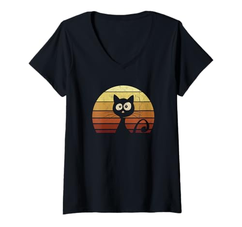 Damen Funky Retro Sunset Katze Vintage Katzen Silhouette T-Shirt mit V-Ausschnitt von SkizzenMonsters Funky Katzen Shirts