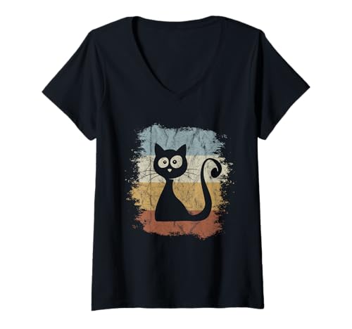 Damen Funky Vintage Retro Katzen Silhouette T-Shirt mit V-Ausschnitt von SkizzenMonsters Funky Katzen Shirts