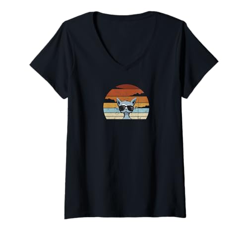 Damen Lässiger Retro Style Kater mit Sonnenbrille Hipster Katze T-Shirt mit V-Ausschnitt Damen Lässiger Retro Style Kater mit Sonnenbrille Hipster Katze T-Shirt mit V-Ausschnitt von SkizzenMonsters Funky Katzen Shirts