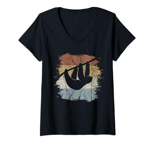 Damen Vintage Style Chill Mal Retro Faultier Silhouette T-Shirt mit V-Ausschnitt Damen Vintage Style Chill Mal Retro Faultier Silhouette T-Shirt mit V-Ausschnitt von SkizzenMonsters Lässige Faultiere