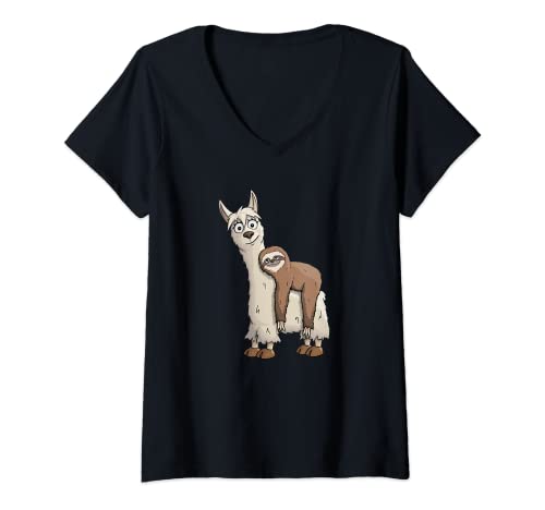 Damen Chill Out Faultier reitet Lama Trendy Alpaka Style T-Shirt mit V-Ausschnitt von SkizzenMonsters Schicke Lama Shirts
