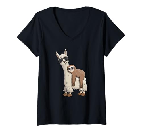 Damen Funky Hipster Faultier auf Lama mit Sonnenbrille T-Shirt mit V-Ausschnitt von SkizzenMonsters Schicke Lama Shirts