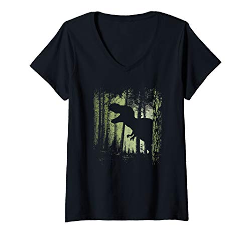 Damen Wald Dämmerung T-Rex Schatten Tyrannosaurus Silhouette T-Shirt mit V-Ausschnitt von Skizzenmonster Dino Fan Art Shirts