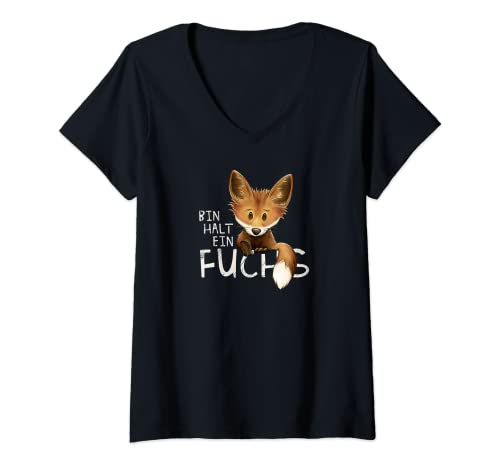 Skizzenmonster Funky Fuchs Krams Damen T-Shirt mit V-Ausschnitt, Schwarz, S, Kurzarm, Klassische Passform, Einfarbig, Cartoon-Motiv 'Bin halt ein Fuchs' mit humorvoller Fuchs-Illustration und Aussage von Skizzenmonster Funky Fuchs Krams
