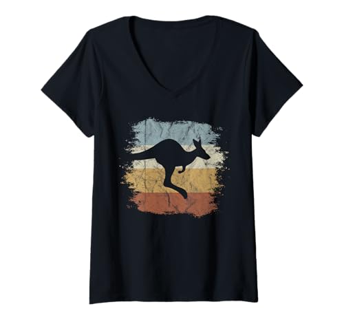 Damen Funky Beuteltier Silhouette Retro springendes Känguru T-Shirt mit V-Ausschnitt von Skizzenmonster Känguru Fan Shirts