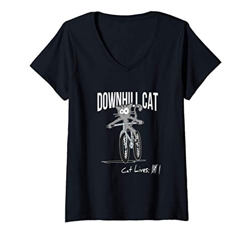Damen Fahrrad Katze Katzenleben Downhill Cat MTB Bike T-Shirt mit V-Ausschnitt von Skizzenmonster MTB Fahrrad Krams