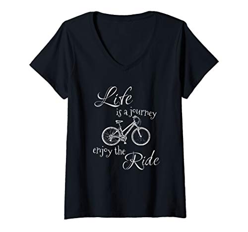 Damen Life is a Journey Enjoy the Ride | Radfahren Abenteuer T-Shirt mit V-Ausschnitt von Skizzenmonster MTB Fahrrad Krams