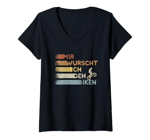 Damen Mir Wurscht Ich GEH Biken Mountainbike Wheelie MTB T-Shirt mit V-Ausschnitt von Skizzenmonster MTB Fahrrad Krams