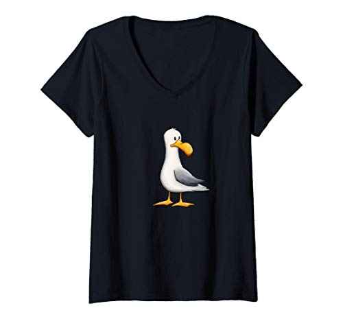 Damen Lustige Möwe Nordsee Ostsee Meeres-Vogel T-Shirt mit V-Ausschnitt von Skizzenmonster Maritime Meer Kunst