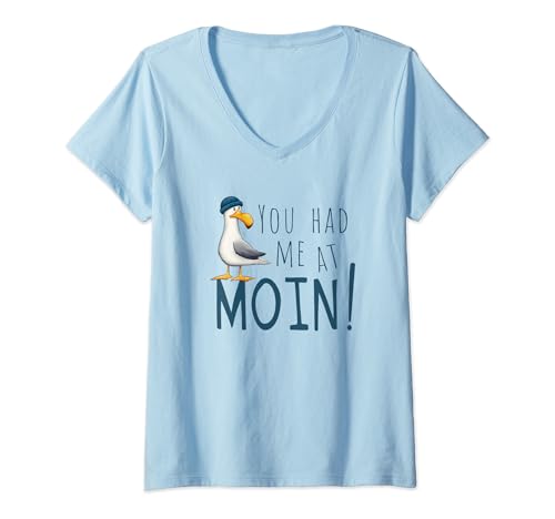 Damen You Had Me At Moin! Coole Nordsee Ostsee Möwe mit Mütze T-Shirt mit V-Ausschnitt Damen You Had Me At Moin! Coole Nordsee Ostsee Möwe mit Mütze T-Shirt mit V-Ausschnitt von Skizzenmonster Maritime Meer Kunst