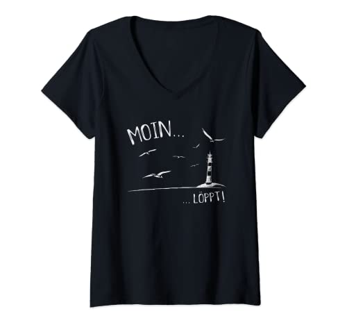 Damen Leuchtturm & Möwen Nordsee Ostsee Moin Löppt T-Shirt mit V-Ausschnitt von Skizzenmonster Maritime Meer Shirts