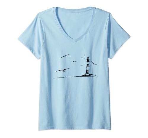 Damen Meer, Leuchtturm & Möwen Cooles Ostsee Nordsee Urlaub T-Shirt mit V-Ausschnitt von Skizzenmonster Maritime Meer Shirts