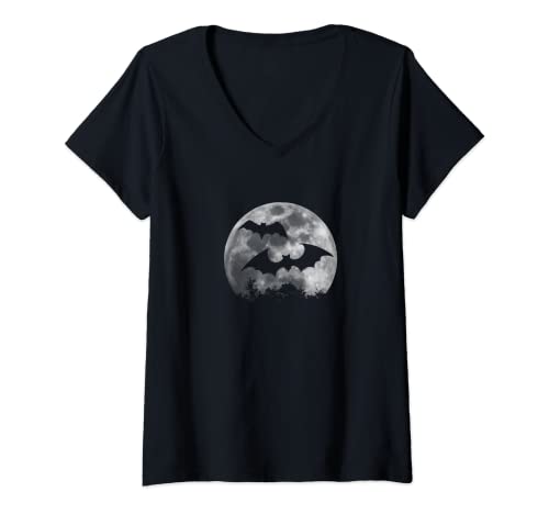 Damen Fledermaus Silhouetten bei Vollmond Halloween T-Shirt mit V-Ausschnitt von Skizzenmonsters Creepy Grusel Zeugs