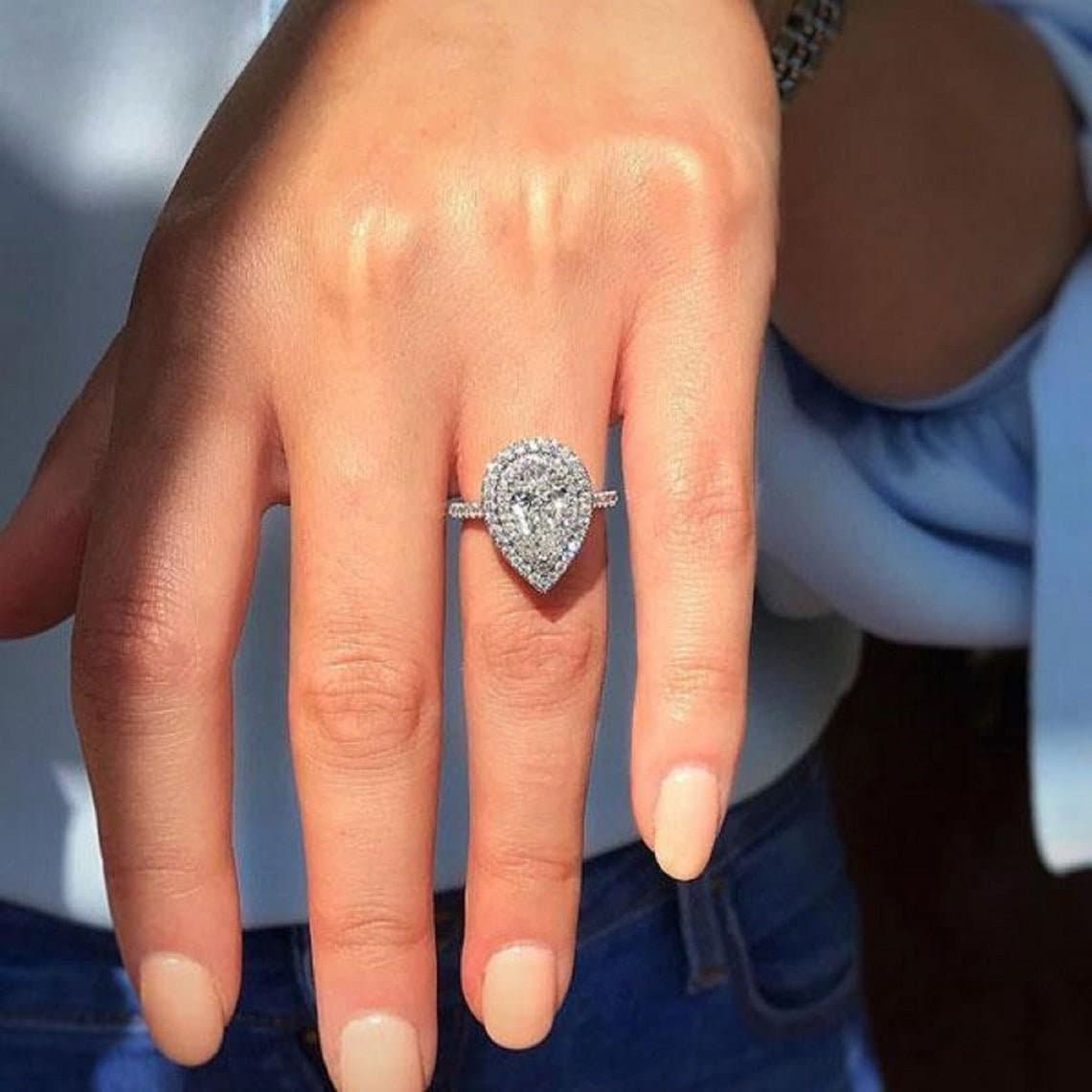 Birnenschnitt Verlobungsring Birnenform Doppel Halo Moissanite Ehering 14K Weißgold Jubiläumsring Jahrestagsgeschenk Versprechen Ring von SkjewelleryStudio