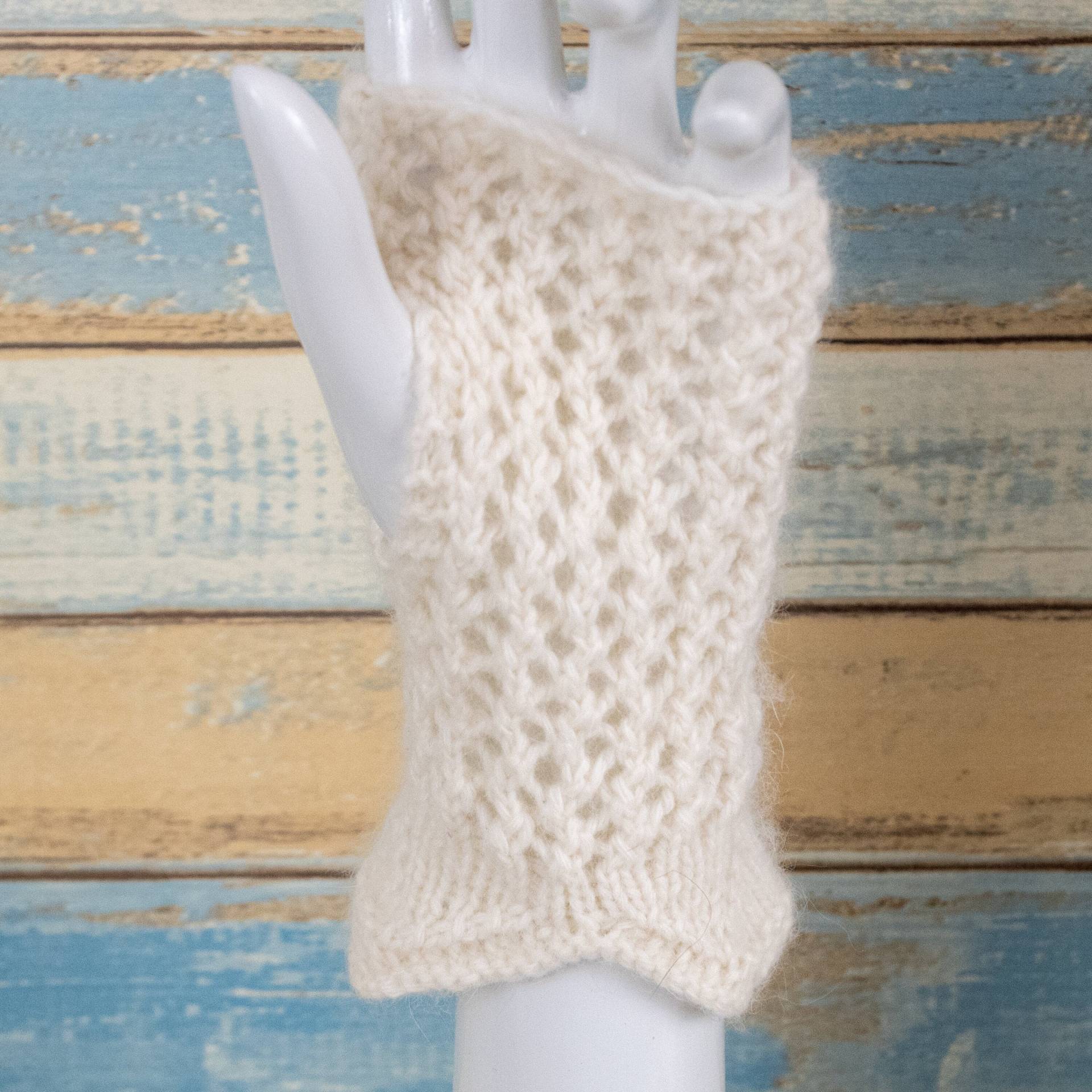 Paar Spitze Fingerless Handschuhe Aus Weiß Creme Angora Nylon Lammwolle Mischung von SkograndStudioStore