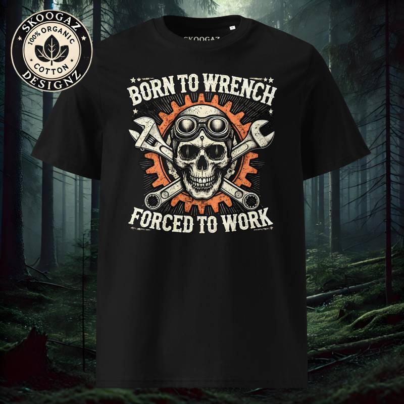 Born To Wrench | Mechaniker Totenkopf T-Shirt Schrauber & Biker Geschenk Werkzeug Skull Design Vintage Unisex Shirt Bio-Baumwolle von SkoogazDesignz