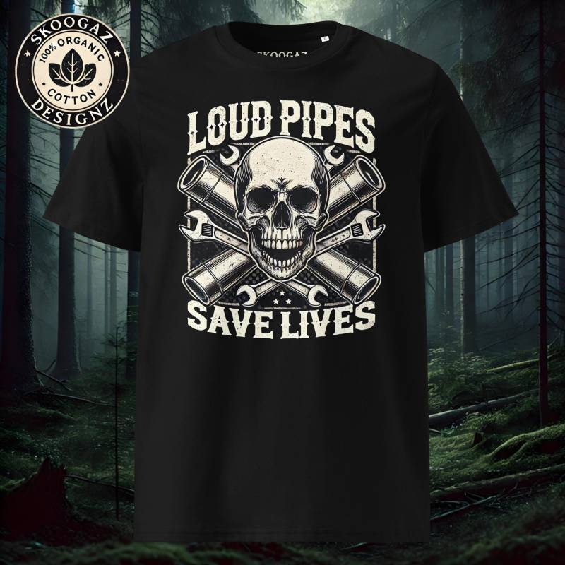 Loud Pipes Save Lives T-Shirt - Vintage Biker Und Mechaniker Design | Retro Totenkopf & Auspuff Unisex Shirt Bio-Baumwolle Loud Pipes Save Lives T-Shirt - Vintage Biker Und Mechaniker Design | Retro Totenkopf & Auspuff Unisex Shirt Bio-Baumwolle von SkoogazDesignz