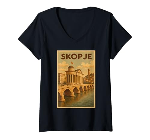 Damen Skopje North Macedonia Skyline T-Shirt mit V-Ausschnitt von Skopje Souvenirs & Co.