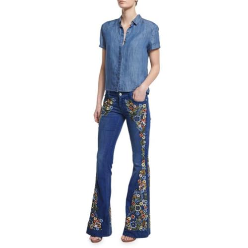 Schlaghose Damen Jeans Blumen - Jeanshosen Jacquard Denimhose Vintage Stickerei Schlagjeans Elegante Bootcut Röhrenjeans Hohe Taille Flared Pants Y2K Style Denim Freizeithose von SkotO