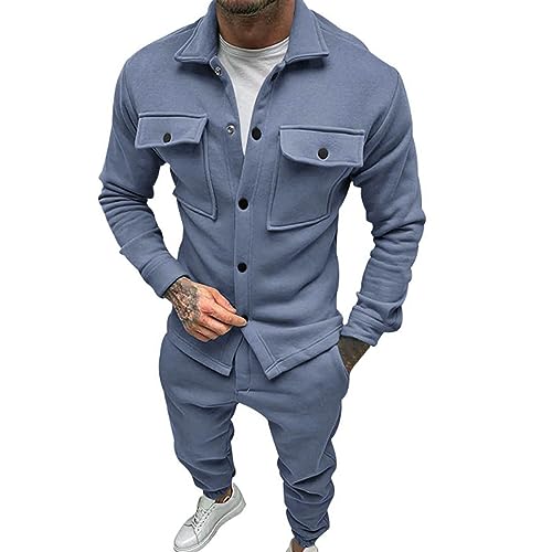 SkotO Freizeitanzug Herren Baumwolle Ohne Kapuze - Sportanzug Set Langarm Sweatjacke Mit Knöpfen & Tasche Jogginghose Einfarbig Jogginganzug Casual Locker Hausanzug Cargo Tracksuit von SkotO