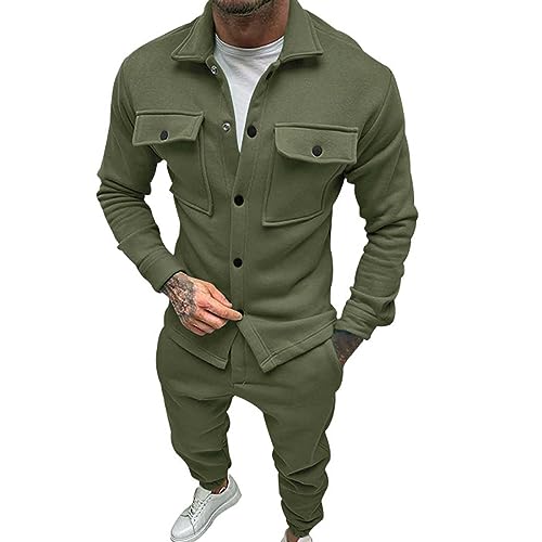 SkotO Freizeitanzug Herren Baumwolle Ohne Kapuze - Sportanzug Set Langarm Sweatjacke Mit Knöpfen & Tasche Jogginghose Einfarbig Jogginganzug Casual Locker Hausanzug Cargo Tracksuit von SkotO