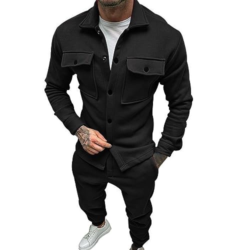 SkotO Freizeitanzug Herren Baumwolle Ohne Kapuze - Sportanzug Set Langarm Sweatjacke Mit Knöpfen & Tasche Jogginghose Einfarbig Jogginganzug Casual Locker Hausanzug Cargo Tracksuit von SkotO