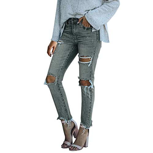 SkotO Mid Waist Jeans Löcher - Denimhose Elegante Röhrenjeans Destroyed Jeansoptik Freizeithose Lässige Strecken Hüftjeans Zerrissenes Boyfriend-Hose Knopfleiste Straight Leggings Mit Löchern von SkotO