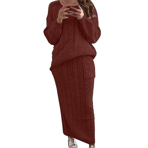 Strickanzug Zweiteiliger Set - Strickkleid Pullover Oberteil Und Midi Strickrock Bodycon 2 Stück Set Winter Strick Langarmshirt Pulloverkleid Strick Pullover Und Maxikleid von SkotO