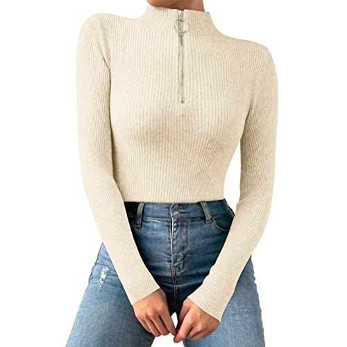 Unterziehshirt Damen Langarm Mit Stehkragen - Langarmshirt Mit 1/4 Reißverschluss Slim Fit Tshirt Einfarbig Basic Shirt Gerippt Sweatshirt Stricke Longsleeve Pullover Enges Crop Top von SkotO